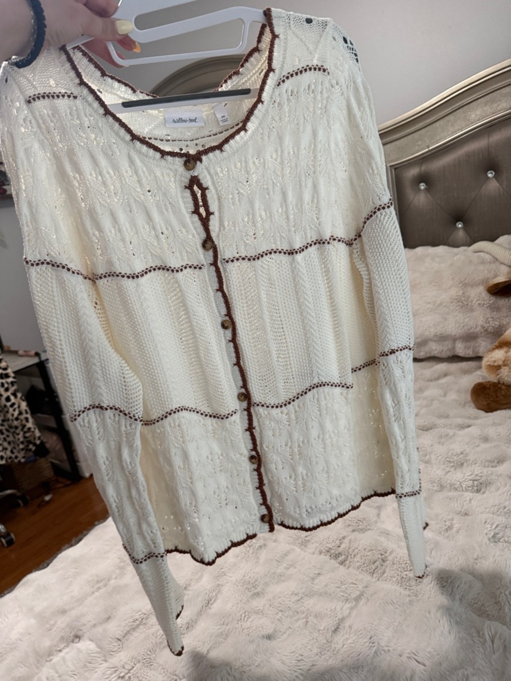 Cream Knit Cardigan with Brown Trim - Women's Cowl & Turtleneck - Picture 6 of 7